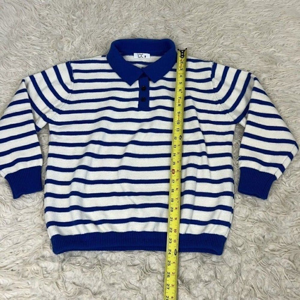 Womens Vintage 70s Acrylic Women Henley Sweater Large White Blue Striped Medium - Picture 6 of 11